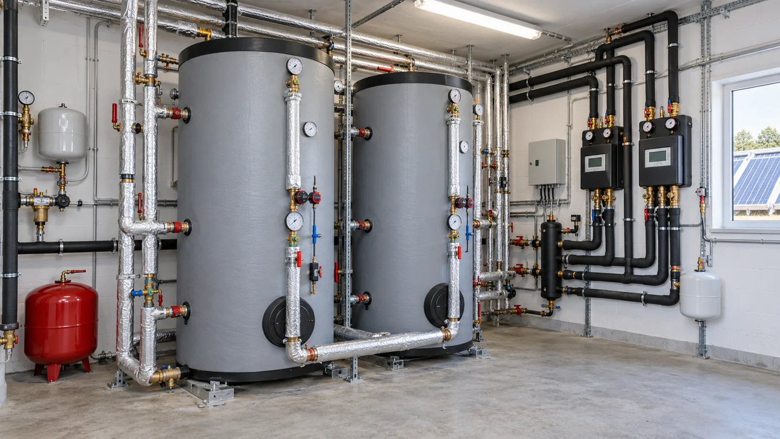 Sala técnica con depósitos de acumulación de ACS e instalación solar
