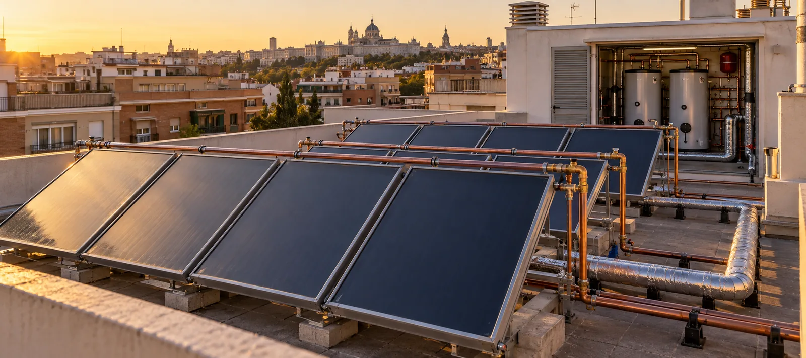 Captadores solares térmicos en la cubierta de una comunidad con depósitos de ACS en la sala técnica