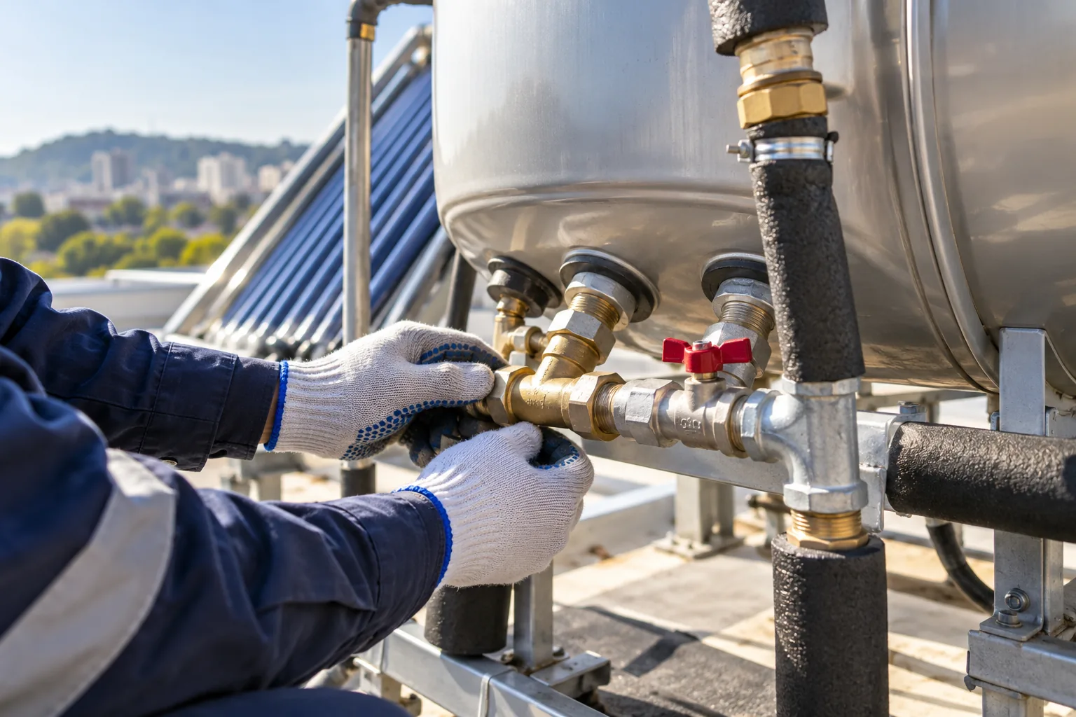 Técnico revisando las conexiones de un calentador solar
