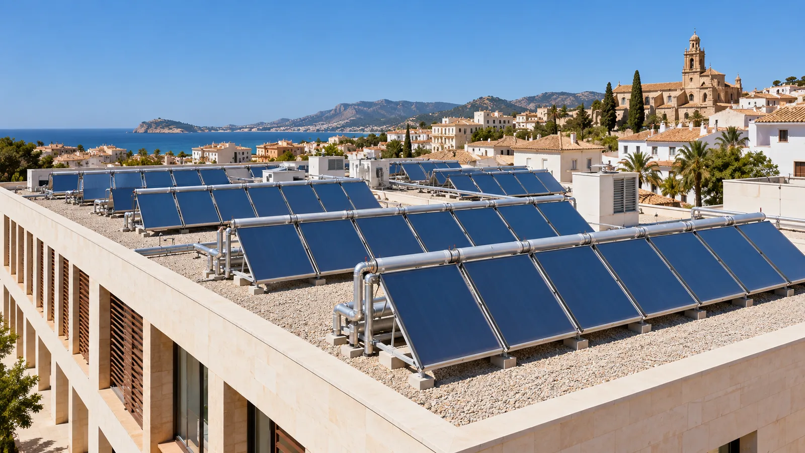 Cubierta de una comunidad con filas de captadores solares térmicos