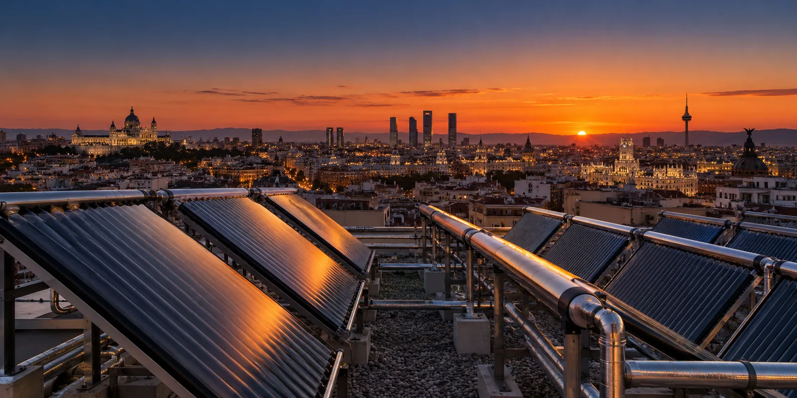 Cubierta de un edificio con placas solares térmicas y vistas de la ciudad