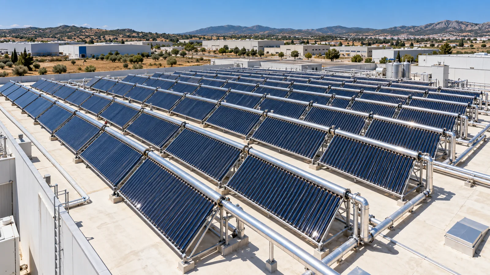 Gran instalación solar térmica en la cubierta de un edificio